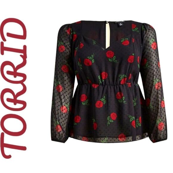 TORRID Plus Size New Peplum Chiffon Clip Dot Floral Rose Puff Sleeve Top. - Picture 1 of 16